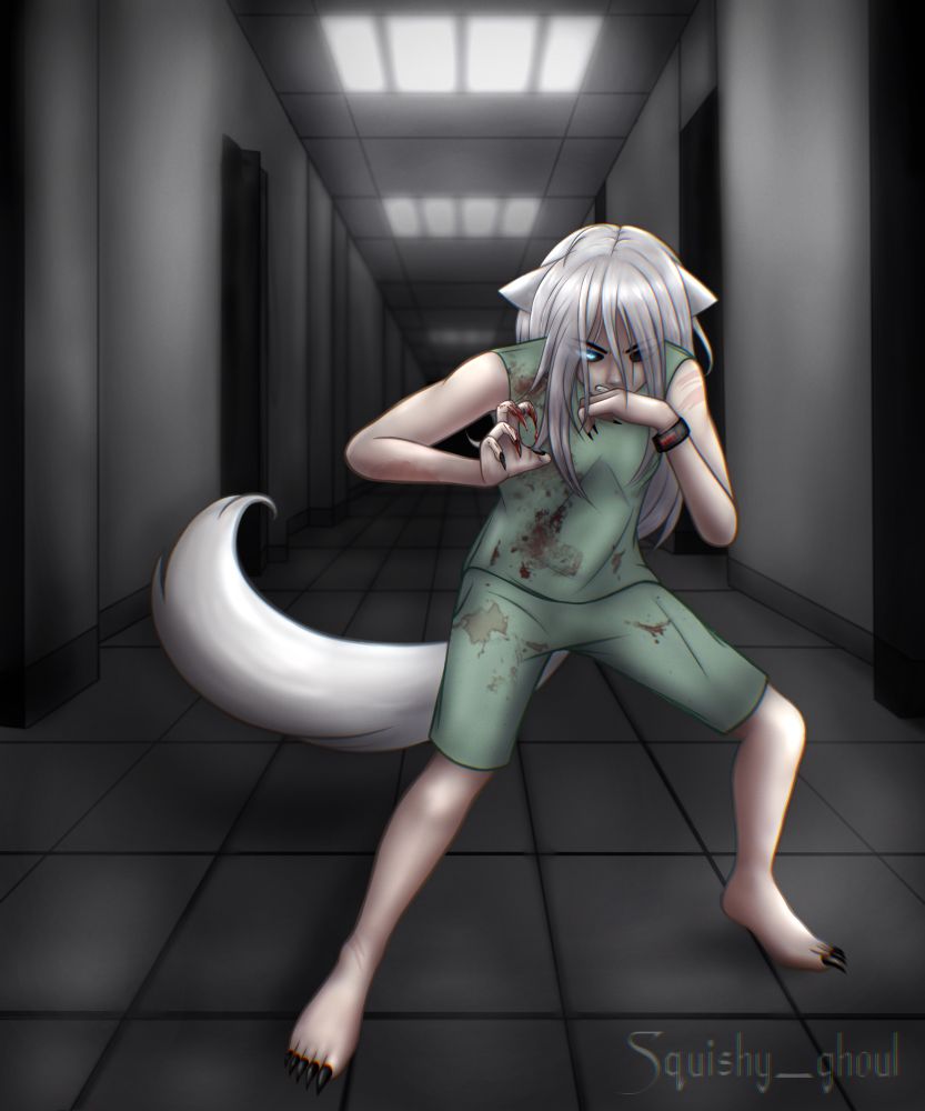 An illustration of my character Mila at the medical Facility she’s trapped at. She’s standing in the middle of a hallway, bent over slightly and crouching in a fighting stance. Her left hand is by her chest with her claws out and dripping blood. Her right hand is by her mouth. She has pale skin, white hair, fox ears and a tail, as well as black claws. Her hair reaches the middle of her back and falls in front of her face. She’s wearing a mint tank top and shorts (hospital clothes) splattered with blood, and a black medical bracelet with red barcode. Her eyes have black scleras and are glowing blue behind her hair in her face. 

The hallway is gray, with gray tile, black doors and bright LED lights on the ceiling. 