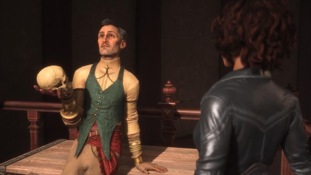 Emmerich looks wistfully into the middle distance while casually holding a skull aloft. Shakespearean foreshadowing probably.