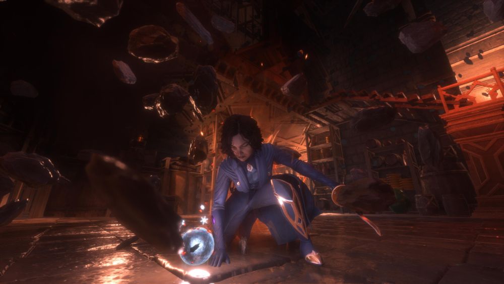 Rook remains calm in a three-point-landing pose as the debris from her Meteor spell rains around her.