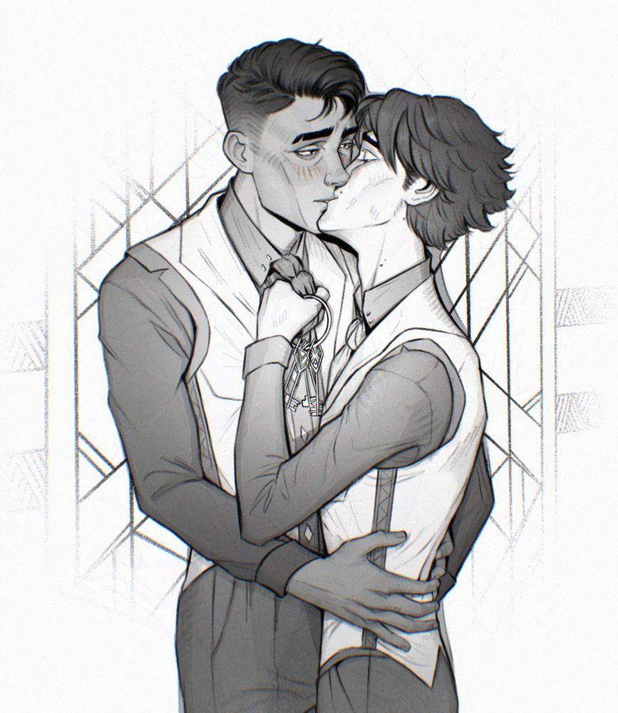 Fanart of Jayce and Viktor from Arcane. Viktor holds Jayce against the wall and kisses him, Jayce's tie and keys to Heimerdinger's lab are in his hand. Jayce just looks cross-eyed and flushed while he holds Viktor by the waist awkwardly.