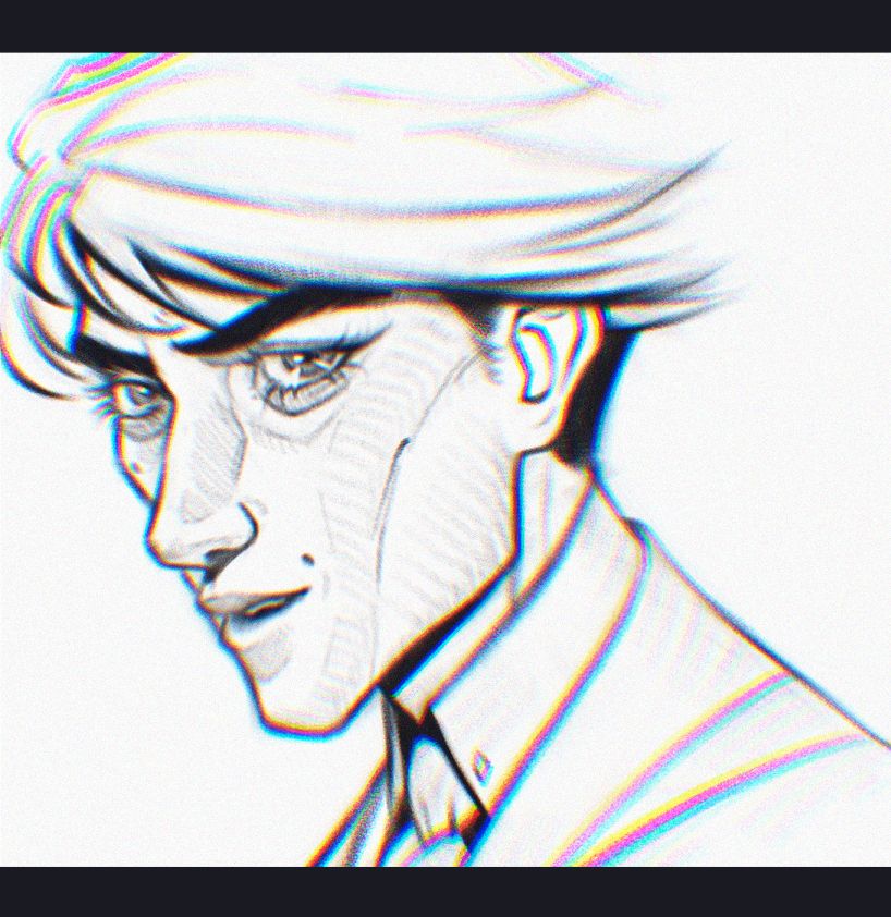Digital sketch of young Viktor from Arcane, he stares intently at the viewer and smiles slightly.