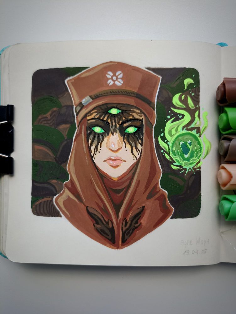 An acrylic marker portrait of Eris Morn, a character from the game Destiny 2.
