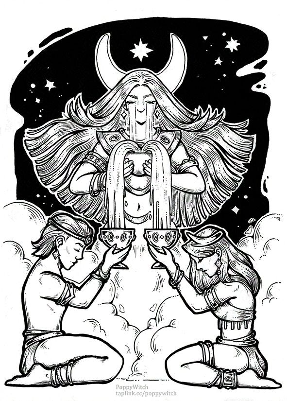 A linework art of a crying goddess with long hair. The crescent moon shines behind her head like horns and there is a star above her head. The goddess is crying, her tears are falling in the goblet. Two streams flow out of the goblet into two smaller goblets. A man and a woman are kneeling before the goddess and holding these smaller goblets.