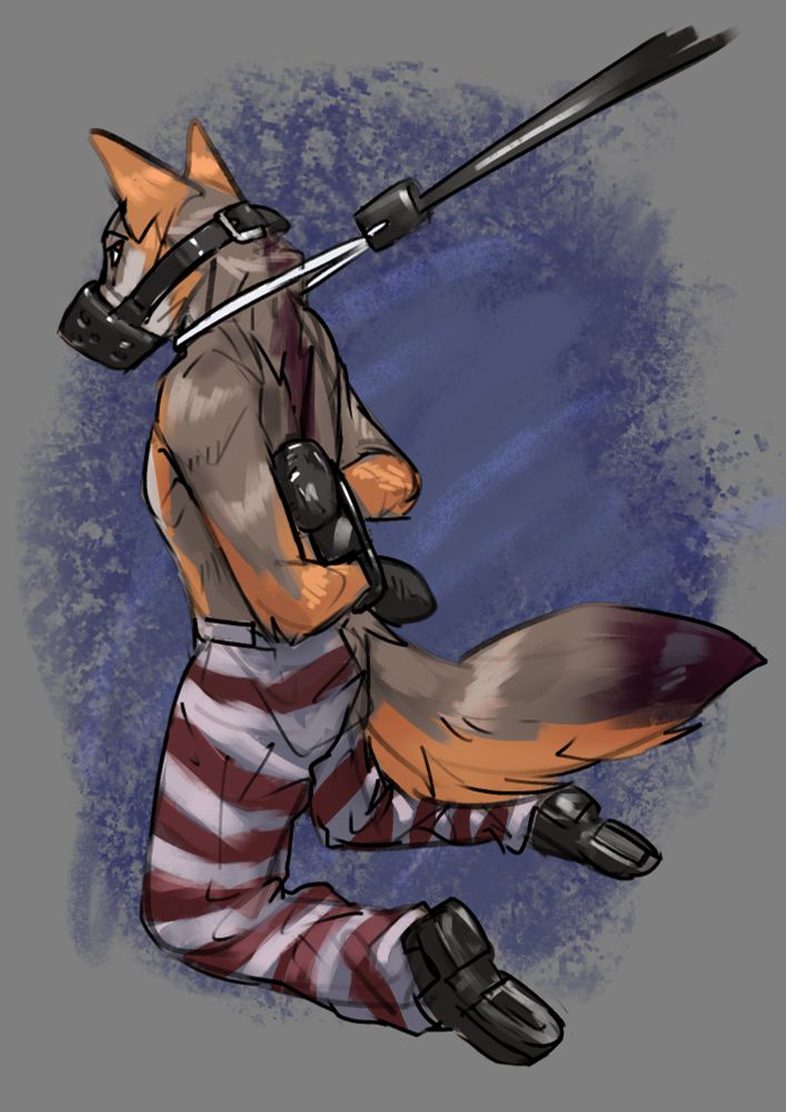 Tops in striped pants, hands cuffed in a rear stack, muzzled, and forced to his knees with a catchpole around his neck.