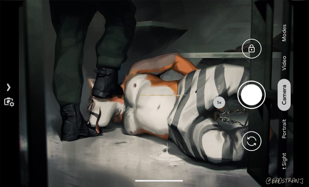 A hogtied fox on the floor of a dark prison cell. An unseen guard puts a boot on his head and forces him to lick the other one. The fox is hard and leaking.

The image looks like it's being taken on a phone camera by another guard.