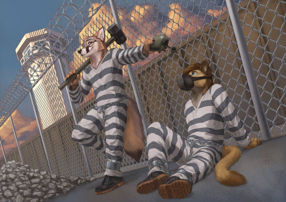 A grey fox and a puma lean against a prison fence. The puma is sprawled on the ground, wearing a muzzle. The fox has a sledgehammer  over his shoulder and holds out a canteen to pour over the puma, but the water is all gone. The fence is topped with razor wire, behind it are a guard tower and golden evening clouds.  Both animals are in stripes, with chains locked around their ankles and shackles riveted on their feet. They're wearing heavy boots that stamp the word INMATE into the dirt when they walk.