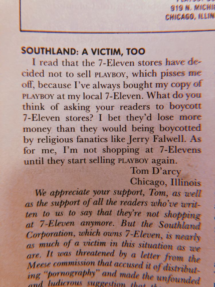 an angy piece of fanmail from an 80’s issue of playboy. 7-eleven no longer selling playboy.
