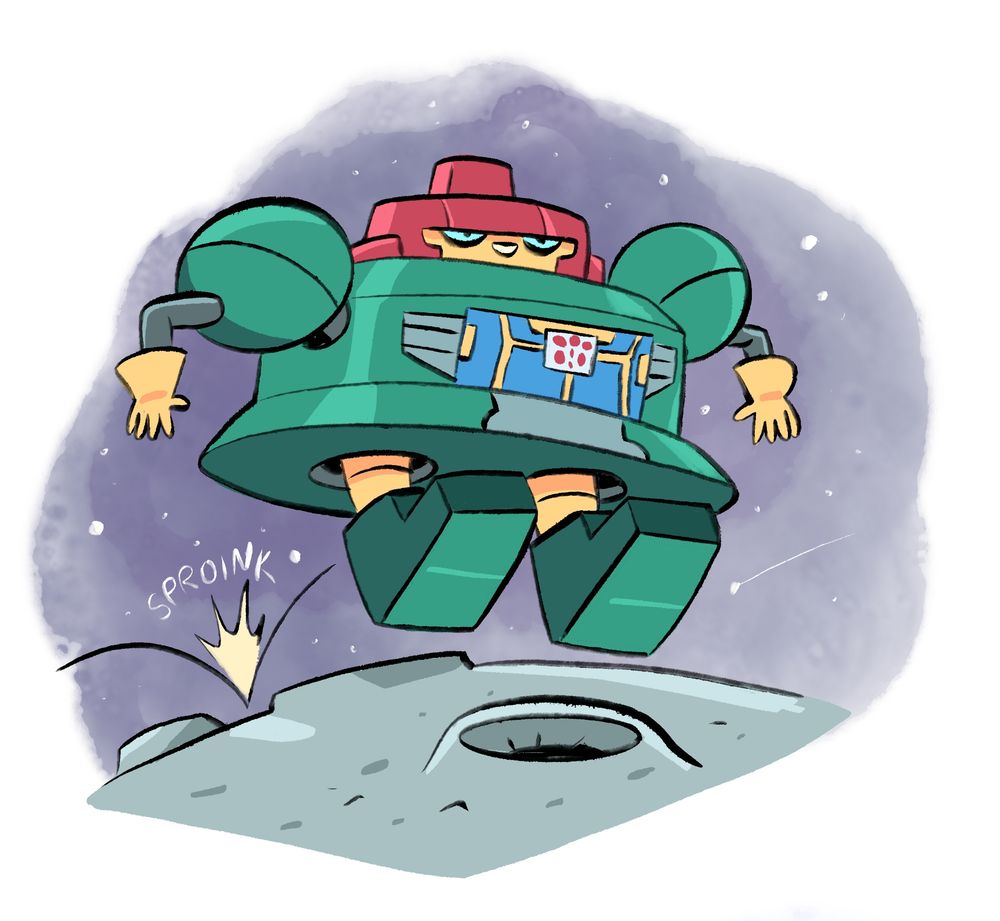 A sketch of Transformer Cosmos bouncing along the moon 