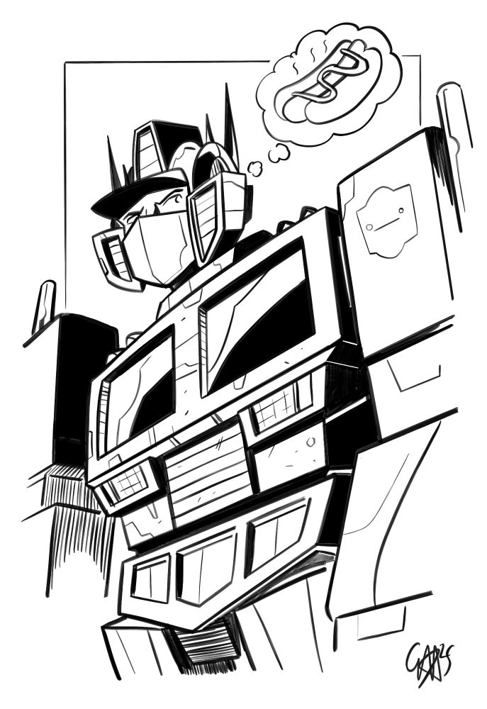 A drawing of Optimus Prime thinking about a hot dog.