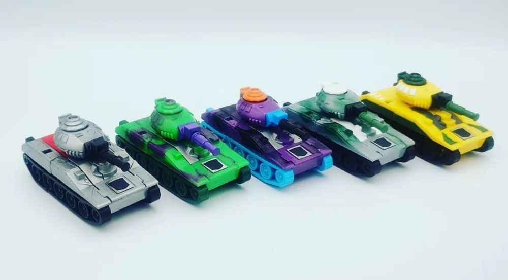 Five G1 Warpath moulds presented in distinct Megatron colour schemes, G1, G2 and the like. They have custom Megatron heads, too! Tank modes.