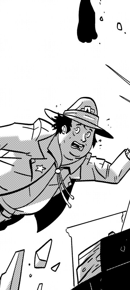 A portion of a drawing - a man running frantically away. He's dressed in western crud