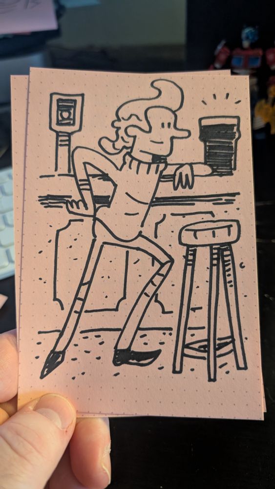 A doodle of a small man standing at a bar with a nice pint of Guinness 