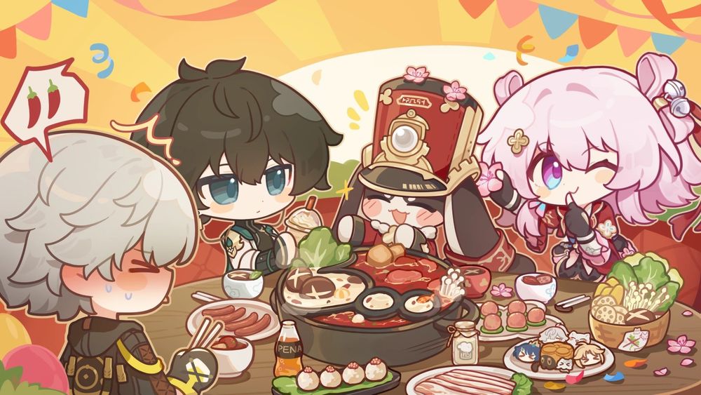 Dan Heng, March 7th, and Trailblazer enjoying hotpot with pompom