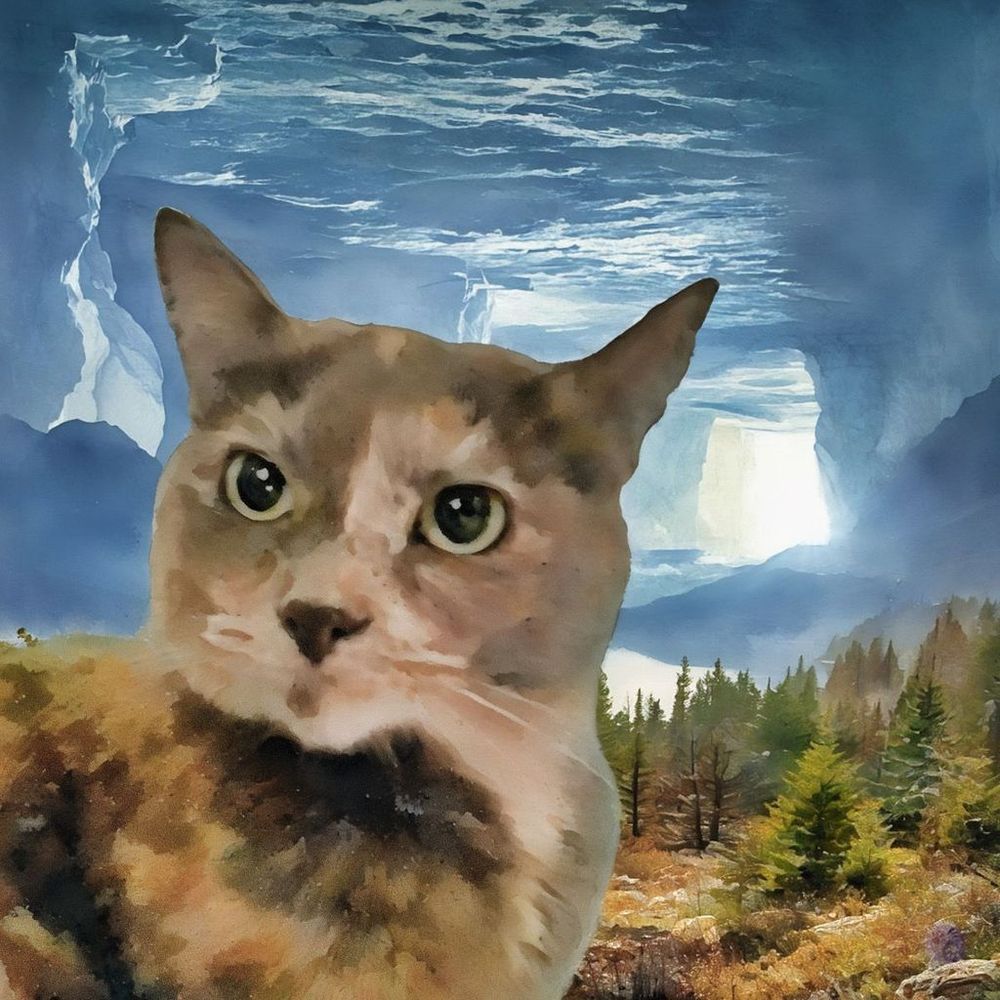 In a photo illustration, three images are merged, all with a watercolor filter. In the center front there is the head and shoulders of a dilute tortoiseshell cat, her patches softened colors and her eyes round and gold. She is lying as a giant cat in a mountainous landscape of rocks and trees. Above it all is a square tunnel made from gray rock, or perhaps dense ice.