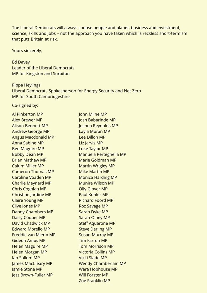 The final page of a letter from Ed Davey and Pippa Heylings to Kemi Badenoch regarding the Climate Change Act, and signed by Liberal Democrat MPs