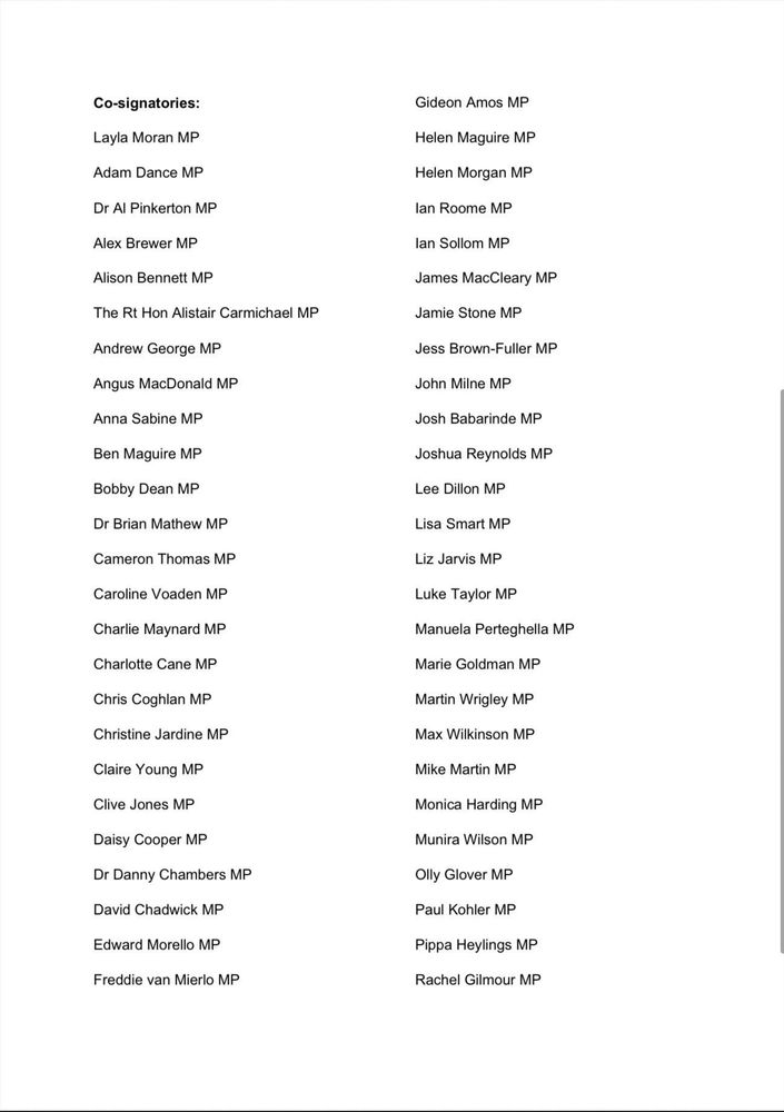 The first of two pages of co-signatories to the letter, all Liberal Democrat MPs.