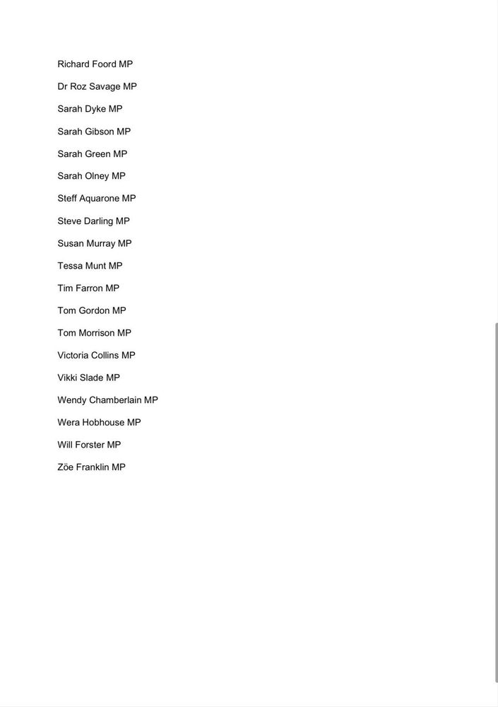 The second of two pages of co-signatories to the letter, all Liberal Democrat MPs. The letter is signed by all 72 Liberal Democrat MPs.