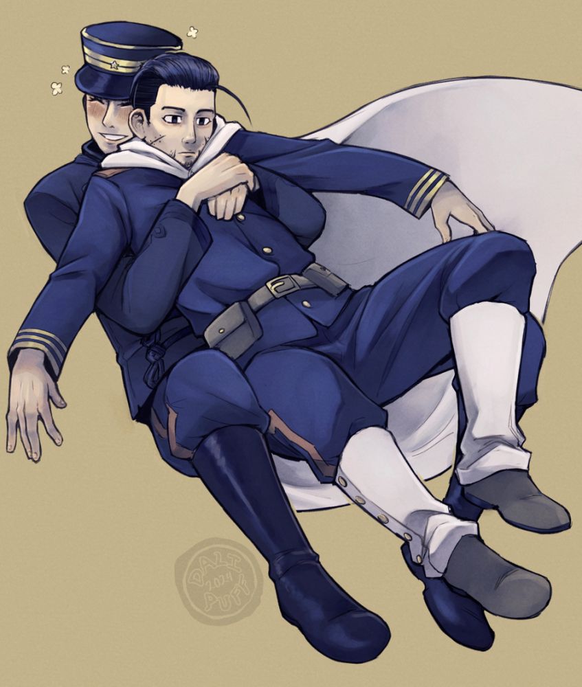 Digitally illustrated fanart of Ogata Hyakunosuke and Yuusaku Hanazawa from Golden Kamuy. Yuusaku smiles and hugs Ogata from behind, while Ogata appears to reluctantly tolerate being held.