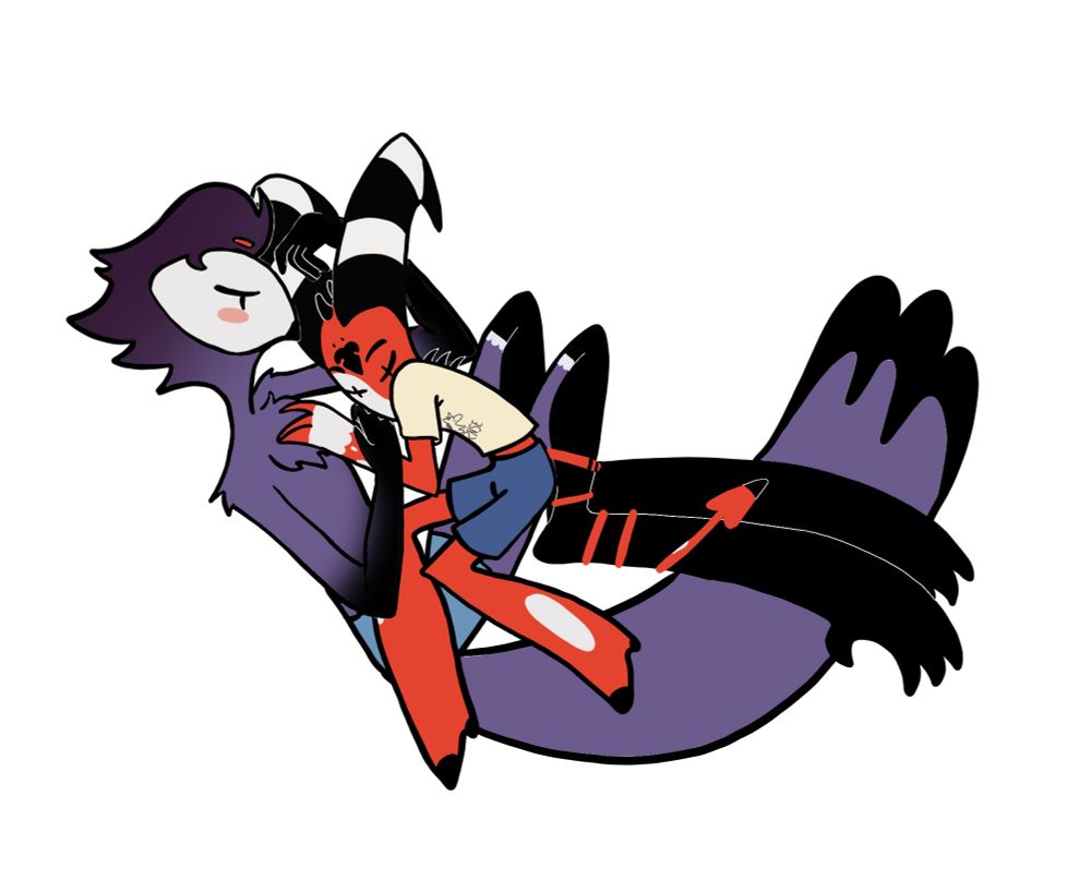 Drawing of Blitzø and Stolas curled up together and sleeping 