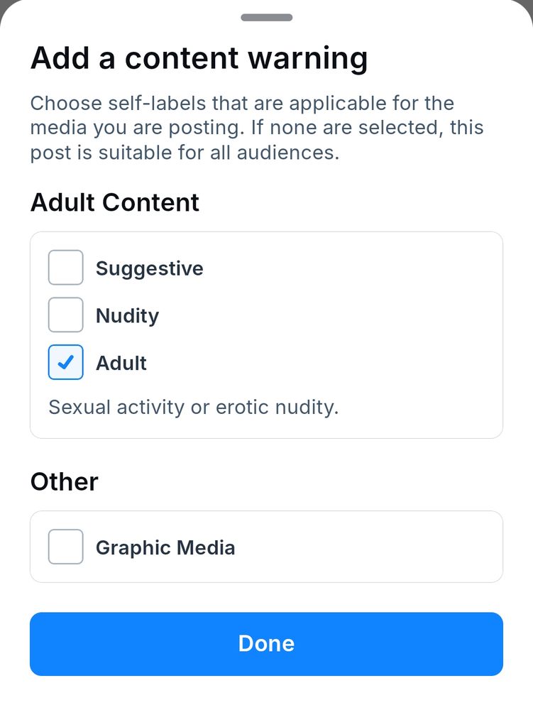 An example of the context window showing how to add a content warning to a Bluesky post. Something that has alluded the vast majority of straight and gay men alike on Bluesky to this day...