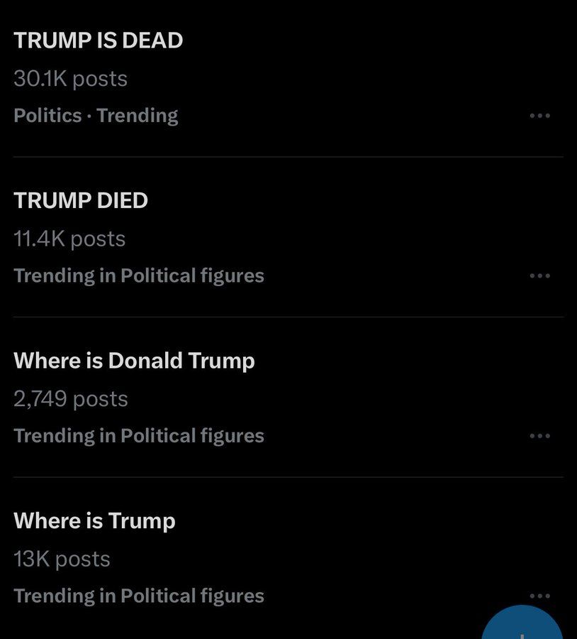 Liste de tendances sur X (Twitter) avec notamment : TRUMP IS DEAD TRUMP DIED Where is Donald Trump Where is Trump