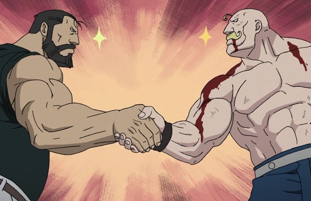 Two men from Fullmetal Alchemist Brotherhood shake hands 