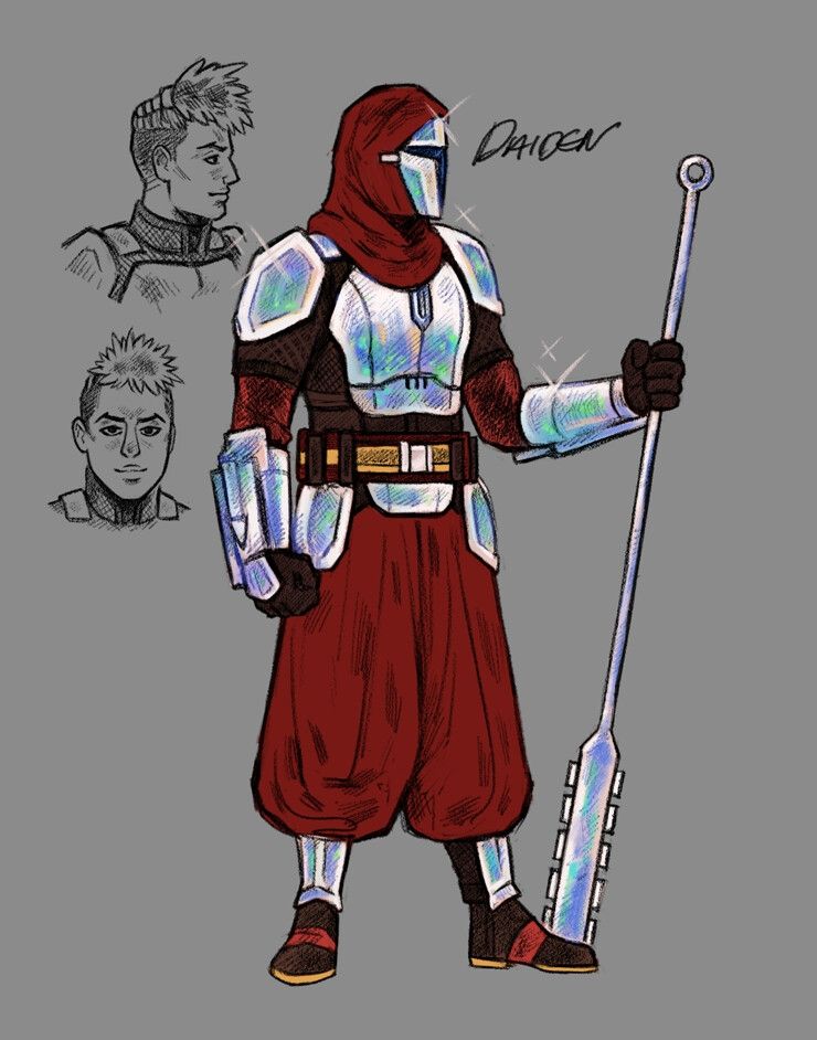 Mandalorian Warrior Daiden, wielding a spear and encased on opal iridescent beskar armour (Star Wars OC)
