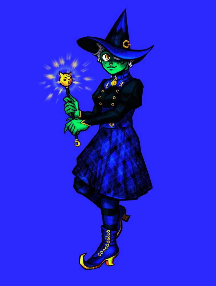 Portrait of a round faced witch with cat like features, white hair, green skin, and a wand topped with a golden cats head. Her tartan skirt, curled boots, and wavy brim hat are inspired by Velvet Room attendants of Persona and traditional European witches! 