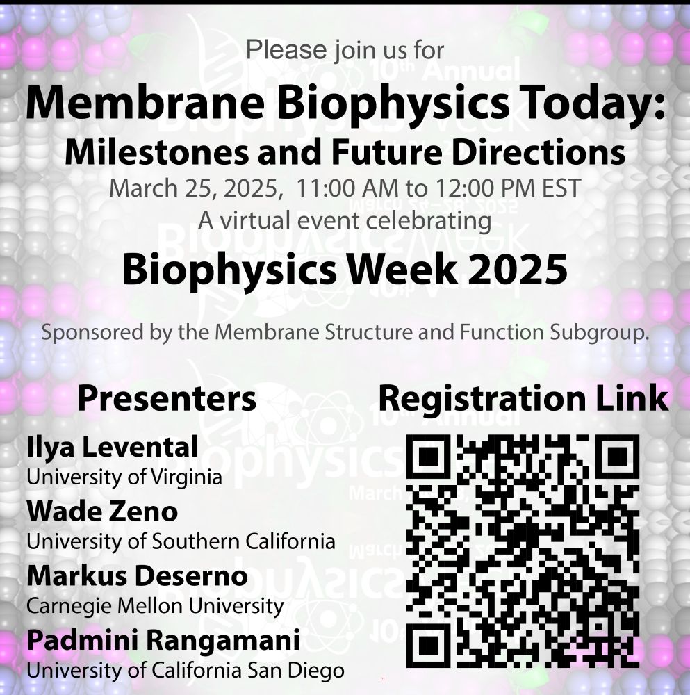 The Biophysics Week webinar of the Membrane Structure and Function Subgroup is happening tomorrow, Tuesday 3/25!

We’ll have the following 4 speaker:
 
Ilya Levental – University of Virginia
All models are wrong, but which ones are useful?  The wild, wacky, wayward ways of asymmetric membranes

Wade Zeno – University of Southern California
Shaping and sensing membranes through protein-lipid interactions

Markus Deserno – Carnegie Mellon
There are many ways for how to think about lipid membranes

Padmini Rangamani – University of California San Diego
Using continuum membrane mechanics to understand experimental observations from GUVs to axons

Here’s the registration link:

https://us02web.zoom.us/meeting/register/wtIIyu-6TnOZOLNGlKWISg#/registration