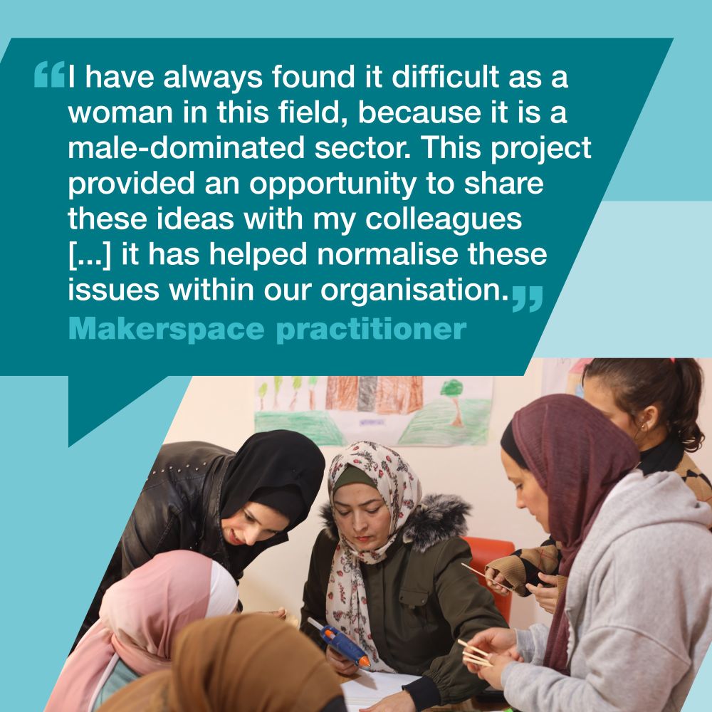 Quote with image. Quote reads: I have always found it difficult as a woman in this field, because it is a male dominated sector. This project provided an opportunity to share these ideas with my colleagues [...] it has helped normalise these issues within our organisation. 