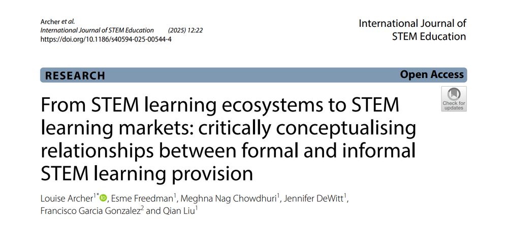screen shot of the article publishing page. Article title: From STEM learning ecosystems to STEM learning markets: critically conceptualising relationships between formal and informal STEM learning provision.