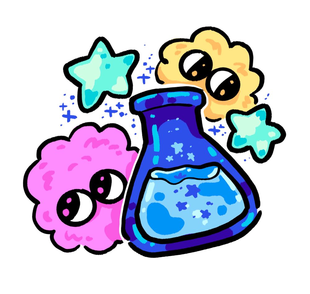 Digital art of two chuzzle creatures and a potion bottle, this was a computer game from the 00s