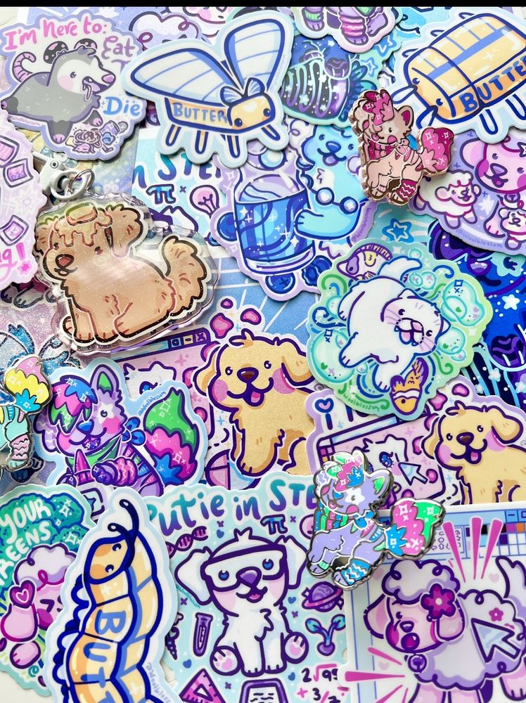 A collage of the newest stickers, prints, etc.