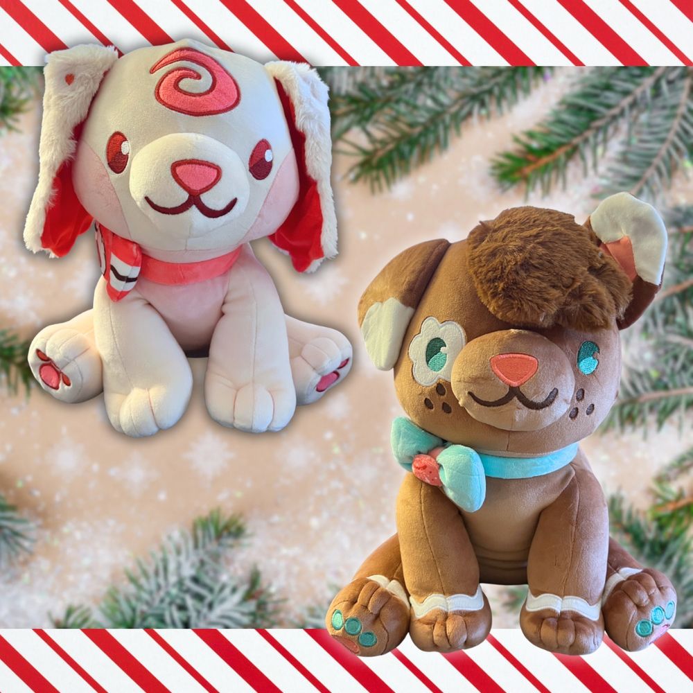 The peppermint and gingerbread puppy plushies 