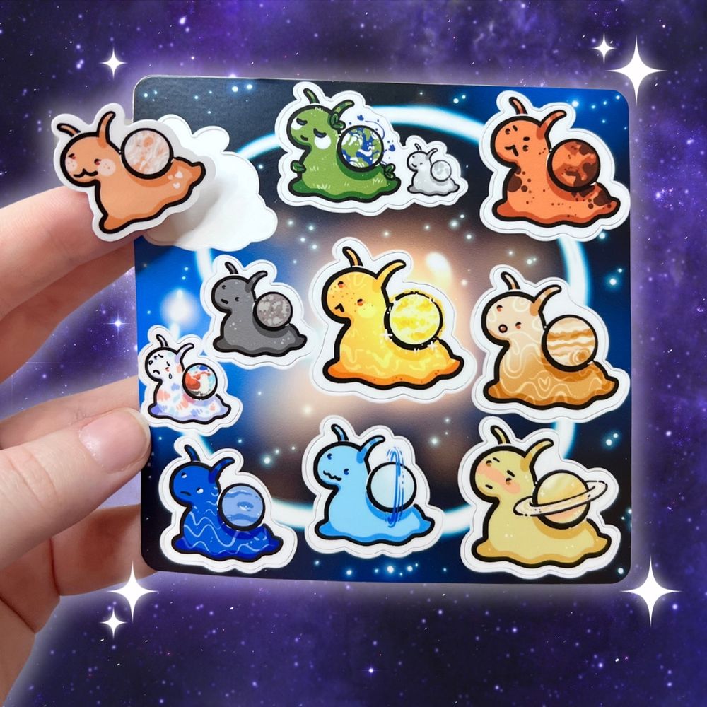 A sticker sheet of each of our planets and the sun as a snail