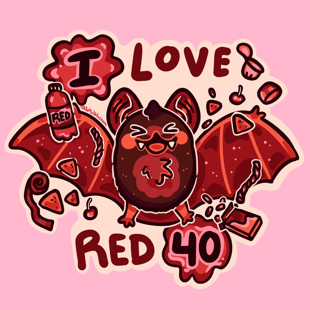 Digital art of a red bat with various red foods and red that says “I love red 40!”