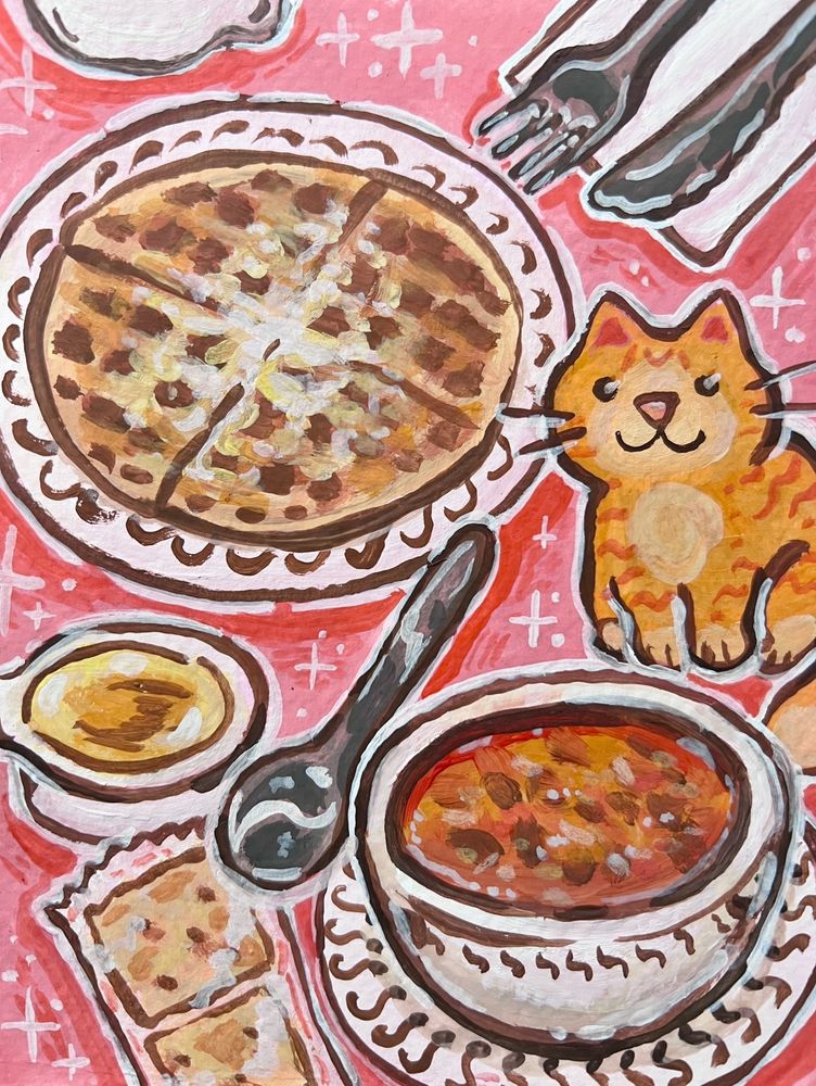 A gouache painting of an orange cat sitting between a waffle and chili from Waffle House 