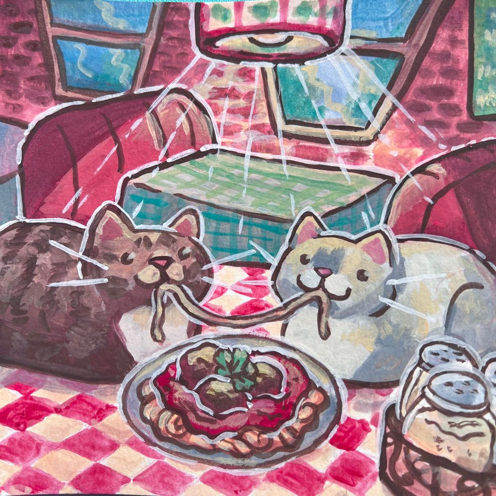 A gouache painting of two cats loafing on a table sharing spaghetti lady and the tramp style in a retro Italian restaurant 