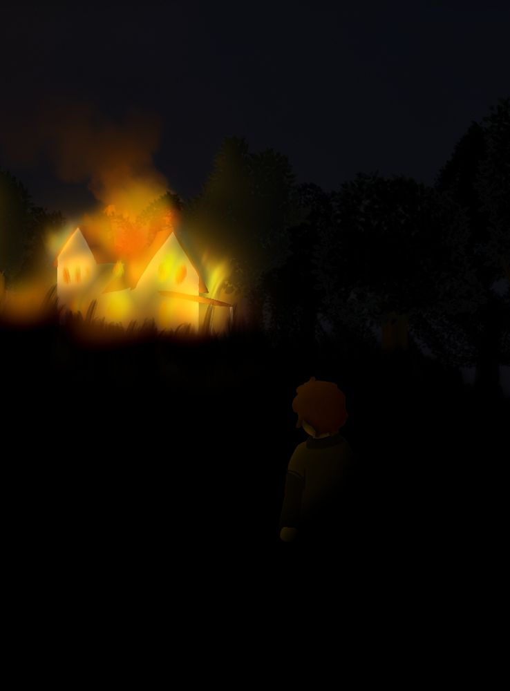 Hudson standing at the bottom of a hill, looking up towards a house set ablaze. Its is his childhood house, and is in reference to "What We Found," a FNaF book based on FNaF 3.