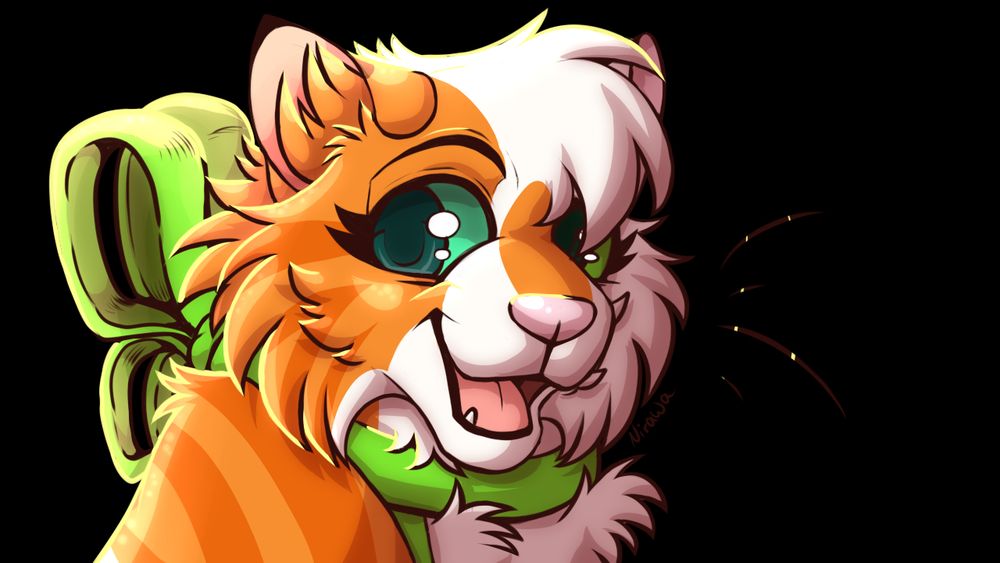 Drawing of a cartoon cat character. CuteFlare's fursona is smiling towards the viewer. The character is a white-and-orange calico cat with a green ribbon collar around her chest.