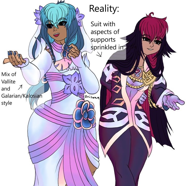 A drawing of Kyo and Erin. Compared to the previous drawing, this one is captioned 'Reality', confirming these are concepts for their actual wedding alts. Notably, both have much more happier, expressive poses and looks on their faces, and also swapped places with one another in clothing and positions. 

Now Kyo is on the left with a bridal alt, crossdresssing in a dress heavily based on the Valla style of clothes reminiscent of the Adrift banner in FEH, and while some flower ornaments are kept in securing the sashes on his belt and his breast pieces, many other flowers are replaced with lilac Kalosian flowers instead, including one holding sashes along his upper chest, and two on either side of his veil behind his head. He also has sashes on his breast heavily resembling Zacian's decals, has painted his nails a similar coloring as a forma soul gem, and a lot of gradient tones than typical to the Adrift alts where his dress has an iridescent shine to its white tones, the sashes are pink with blue and purple gradients, and the coloring in the inner fabric of the dress has the same pink-toned gold as his breast sashes and the gold trimmings of his Vallite decals. 

Erin now has a groom alt with a dark and red-iridescent tone, her hair is down with flatter cut ends than typical, and there's decals hinting to all her supports, including the symbols of Hoshido on her shoulder, Nifl along the side of her suit, the bat charm around her neck, the Askran emblem holding her suit close with tassels, and the Nohr symbol on the lower suit, all having their own iridescent sheen, with gold and white-pearl tones on the symbols contrasting her dark suit, which is overlapping a lighter shirt underneath that has a low v cut to it. She also has gloved hands in a similar coloring as her under-shirt.

Kyo's noted to be a mix of Vallite and Galarian/Kalosian style while Erin is noted to wear a suit with aspects of her supports sprinkled in. 