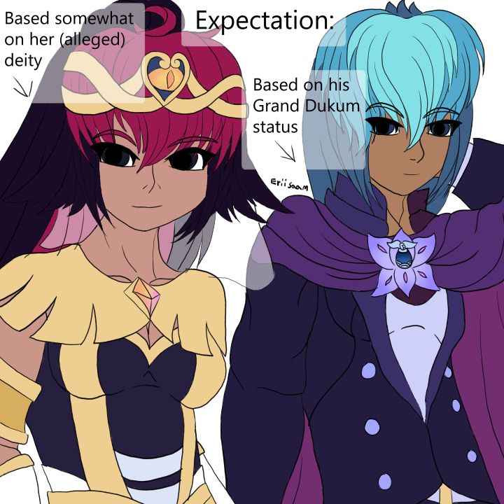 A drawing of a hypothetical design for Summoner Erin and Summoner Kyo's wedding alts. The drawing is captioned 'Expectation', further confirming these are hypothetical designs over actual ones, and further captions are included beside Erin and Kyo with a specific note each of their design directions. 

Erin is on the left as a bridal alt with a diadem that also doubles as a veil-like ornament, where the front features a gold-rimmed heart with a shadow eye whose irises and pupils are golden-toned in contrast to the darkened 'eye' within the heart. The back of the diadem is what secures a small veil that is settled in front of her ponytail, but behind her head otherwise. She also wears a wing-like shawl settled just above her breasts, overlap her shoulders, and held together at her chest with a gold and pink toned jewel, and her clothes are black with white and especially gold trimmings throughout. 

Kyo is on the right as a groom alt, wearing a dark suit with lilac buttons, a lighter lilac undershirt seen through the suit's opening, and he wears a lilac belt with a gold buckle barely seen underneath his suit, while he wears a purple cape over his shoulders which is secured with a lilac Kalosian flower and a gem resembling a forma soul gem. 

The note beside Erin mentions she's based somewhat on her (alleged) deity, emphasizing her design is based on Nyanlathotep. 

The note beside Kyo mentions he's based on 'his Grand Dukum status', confirming his purple cape is the same one he was awarded upon becoming a Grand Dukum in Kalos's Battle Chateau. 

Notably, both have neutral and passive expressions. 