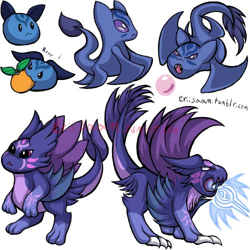 Concept art for a digimon OC species line depicting (from left to right then down): 

Marmon, a baby level digimon shown to be a small blue orb with a crest on their forehead resembling a cross between an eye and the exalt brand, with dark-blue cat-like ears. They're shown normally, and then aggressively eating an unpeeled orange, which has leaves making the fruit heavily resemble Marmon's appearance (and Tangie's namesake, Tangie being the first example of this digimon line). 

Yilimon, an in-training digimon who is a wyvern with a pale blue tone compared to Marmon, fully lilac eyes, and the same branding on its head resembling much more closer to the exalt brand and the vague silouette of Grima's head. They also have markings under their eyes resembling closed eyes, and a body structure where they have a similar body structure as Grima, but heavily simplified with bat-like wings for arms and feet, and a simple tail with a small fluff of fur at the end. They're shown normally, then with a much more aggressive alt as they use Boom Bubble (a common attack shared among most in-training level digimon where they blow a pink bubble as an attack), further revealing Yilimon can fluff out its tail when threatened, and they also have tiny fangs. 

Grimon, a rookie digimon, resembling a small microraptor (raptor-like dragon with wings on its back, and another set of wings lining its arms), where their 'cat ears' in earlier forms have a wing-like theme to it, the fluff to its tail is split and fin-like (but still fluffy), and they have more purple tones with distinct pink and magenta markings drawing closer comparisons to both Grima and Robin's grimeal branding. They're shown normally docile, then aggressive, where their beam attack is shown to heavily resemble the exalt brand, they can fluff up their wings and ears with sharper details, the markings under its eyes can change to appear as extra decoy eyes, and they can retract pronounced claws. 