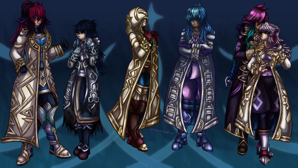 A colored drawing of all of the summoner OCs except Mahiro (whom this concept art predates). From left to right is Erin, Teru, Eclair (who kept much of his features hidden within the robes), Kyo, Ephrel (behind) and Sparrow (front).