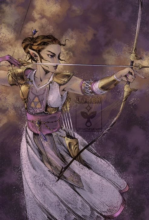 Twilight Princess Zelda calmly drawing a large and well-decorated bow; aiming at something offscreen. She's bathed in golden light and wearing an elaborate archery outfit.