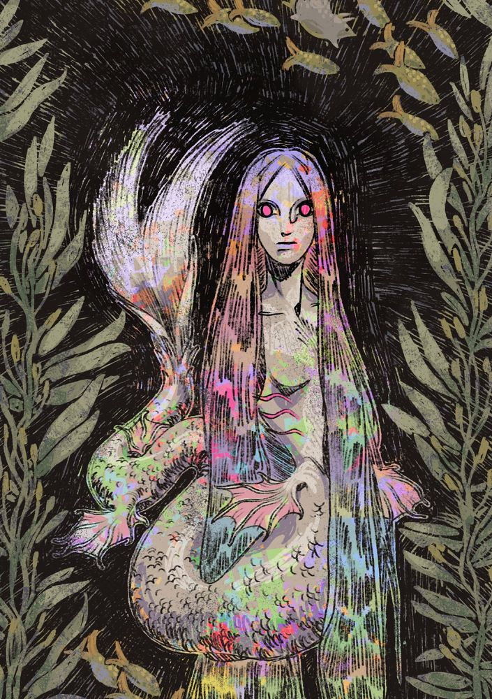 An opalescent mermaid with rainbow hair and haunting magenta eyes stares at you from dark waters, between strands of kelp and schools of fish.