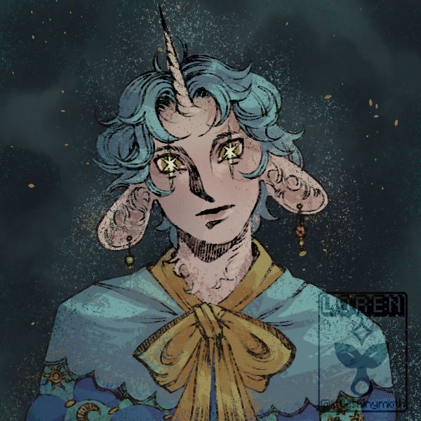 A unicorn-like character with stars for eyes and blue hair shining in the moonlight.