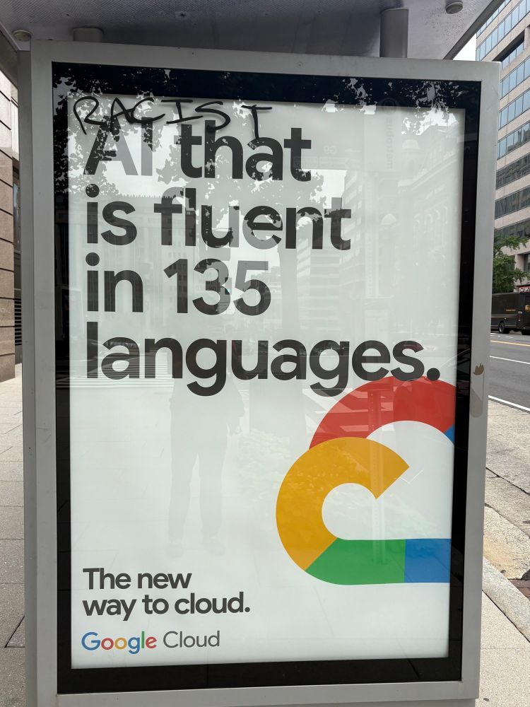 Google AI advertisement for translation amended with graffiti that says Racist