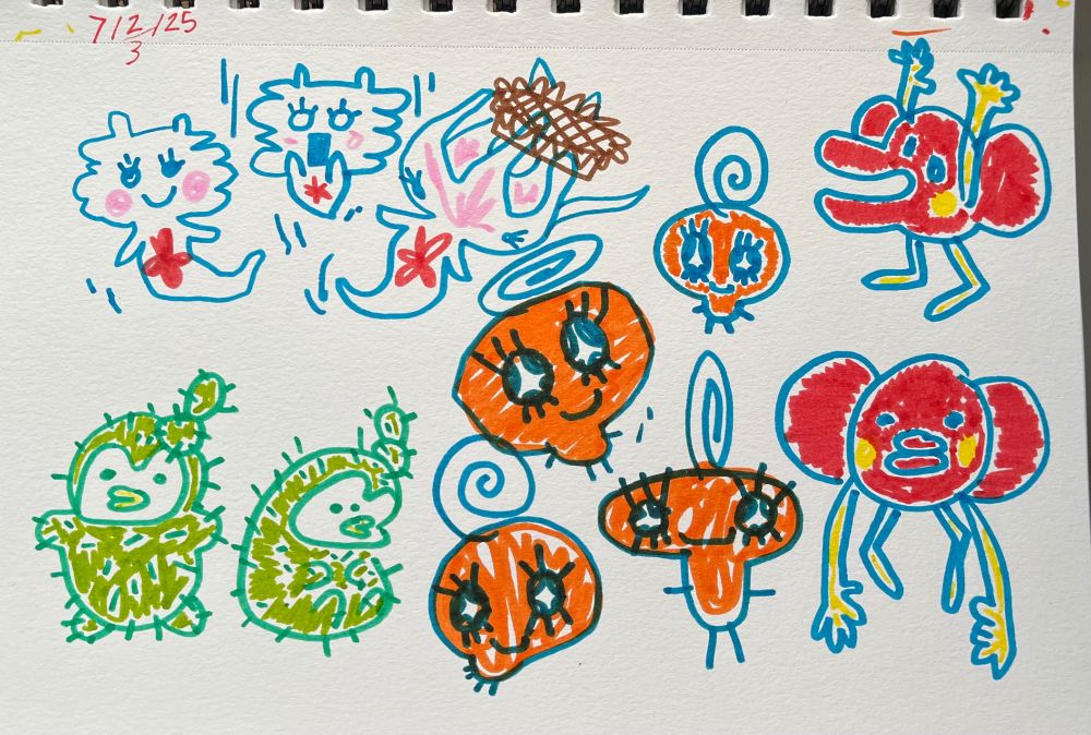 loose scribbly drawings of various tamagotchi characters. lionetchi, tustustchi, memetchi, and yattatchi