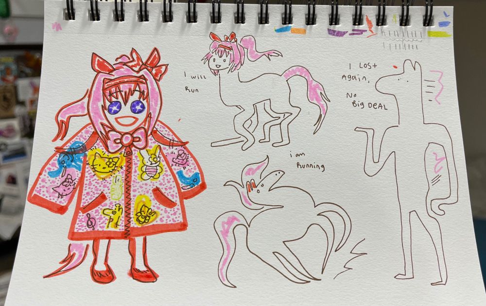 various, increasingly abstract, drawings of Haru Urara, one of many umamusume characters based on real horses. her humanoid form has pink hair